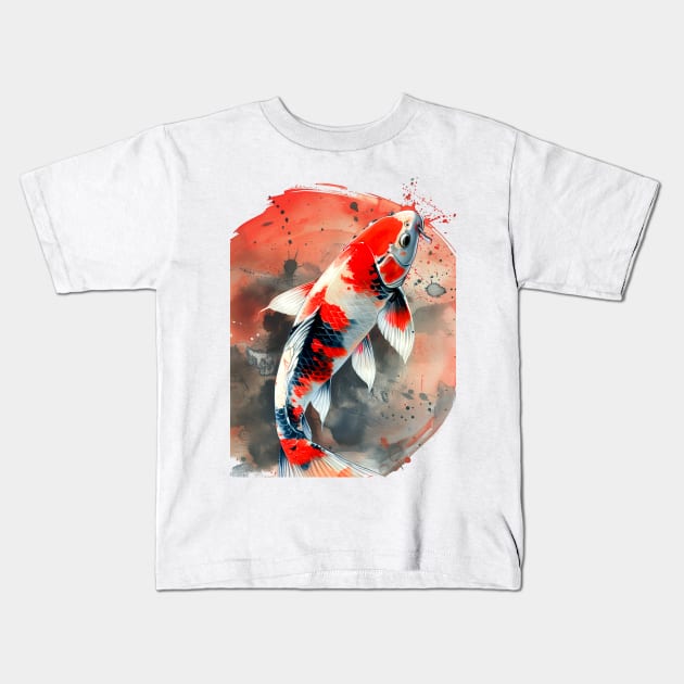 Koi Pond: Showa Sanshoku Koi captivating in their endless variety on a light (Knocked Out) background Kids T-Shirt by Puff Sumo